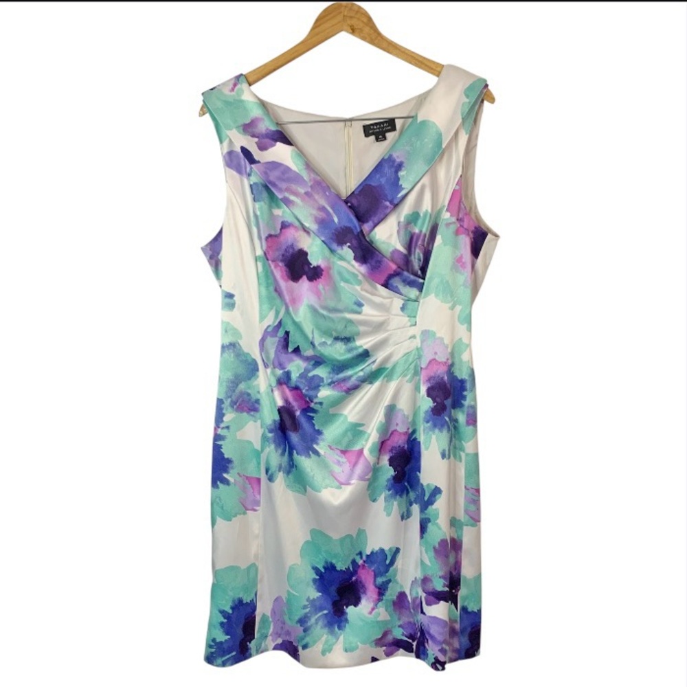 TAHARI by Arthur S Levine Watercolor Floral Sleeveless Ruched Dress Sz 16